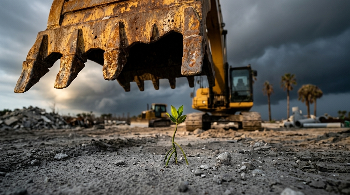 Excavator bucket looms over a single mangrove sprout in cleared Florida soil
